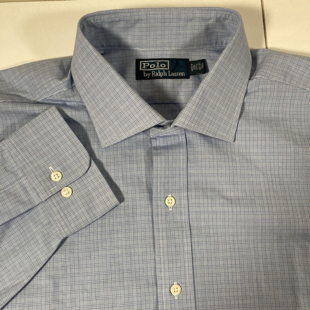 NEW VTG Polo Ralph Lauren Shirt 17.5 36/37 Tall Blue Check Oxford‎ Deadstock